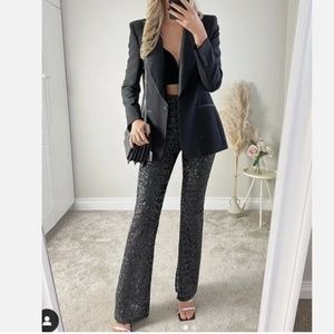 ZARA WOMAN BLACK HIGH WAIST FLARED SEQUINNED LEGGINGS PANTS NWOT SIZE S